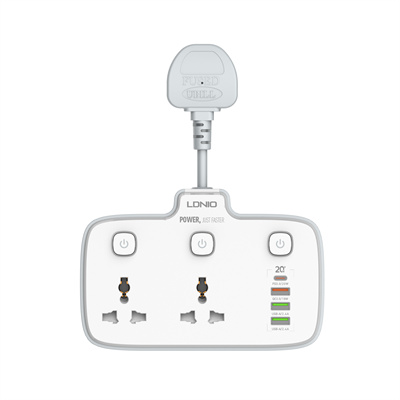 ldnio universal power strip surge protector with 4 usb port, type-c (pd20w)2500w plastic light socket power strips